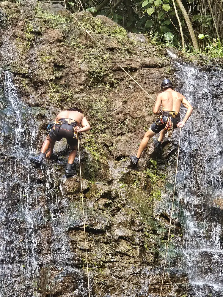 Two people rappelling side by side down a rock face beside a waterfall on Kauai