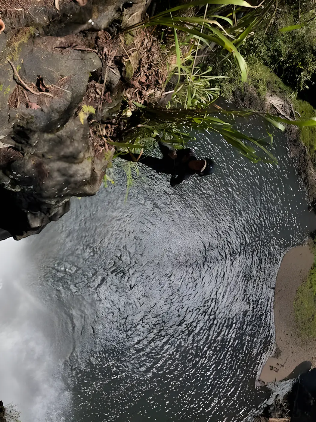 Looking down a cliff into a dark jungle plunge pool beside a waterfall